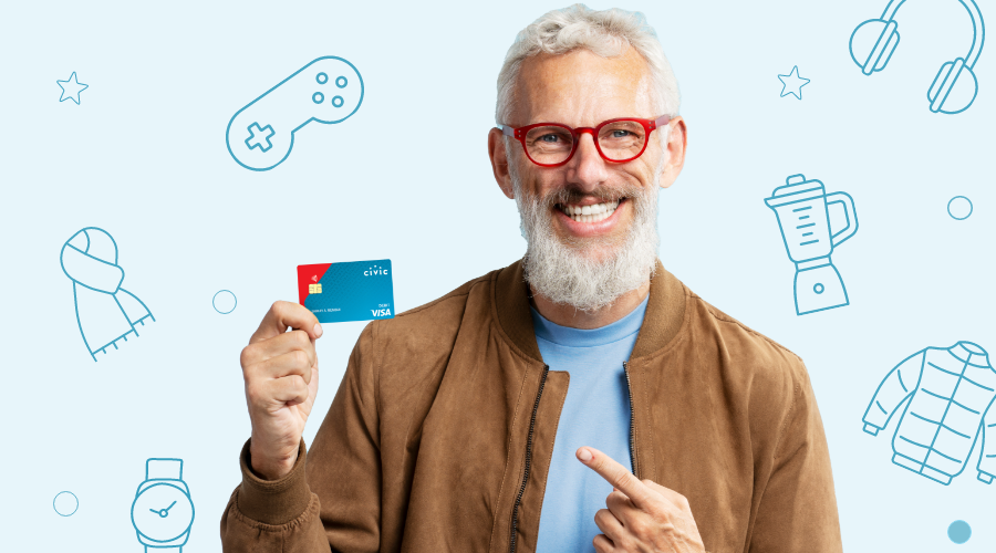 Man holding his Civic Bonus Checking Card.