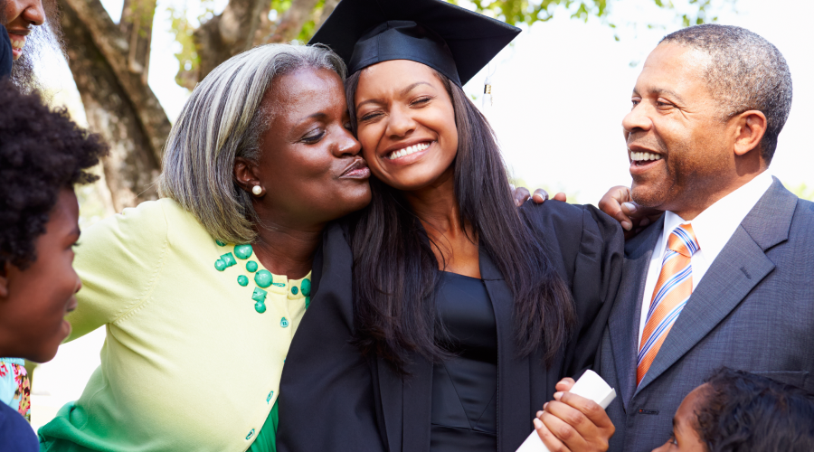 A mom and dad celebrating their recent graduate daughter