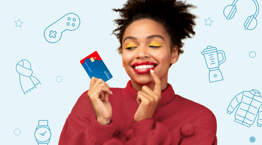 Woman holding her Civic Bonus Checking debit card