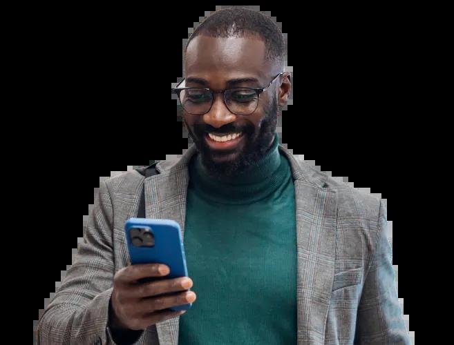 Man on his phone checking is Civic account to see that his rent check went through thanks to Courtesy Pay. 