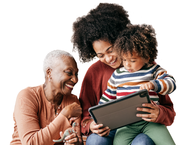 A mother sits with her son on her lap, sharing the Civic NCUA Share Insurance coverage page on a tablet with the grandmother.