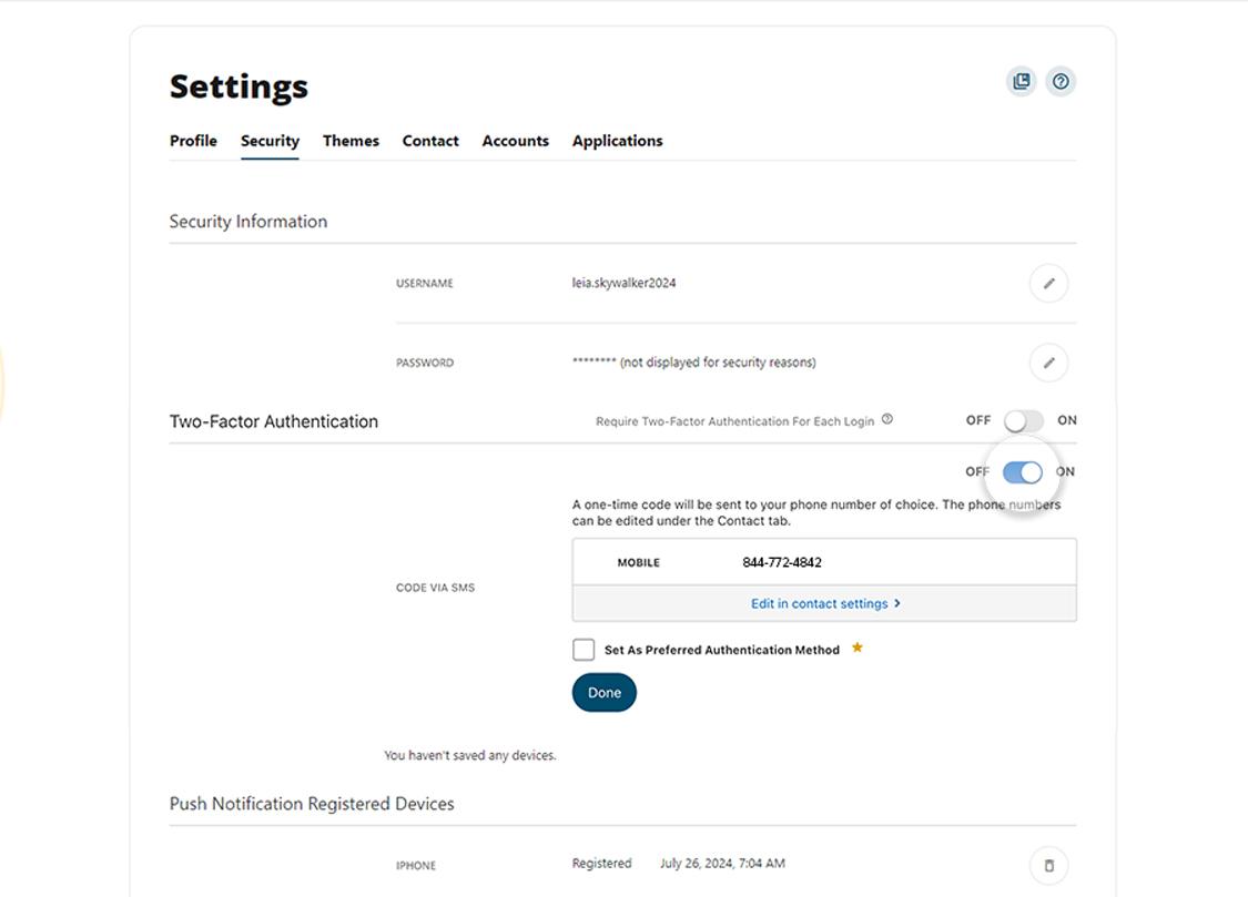 Profile settings screen inside online banking showing security tab and edits to SMS 2FA.