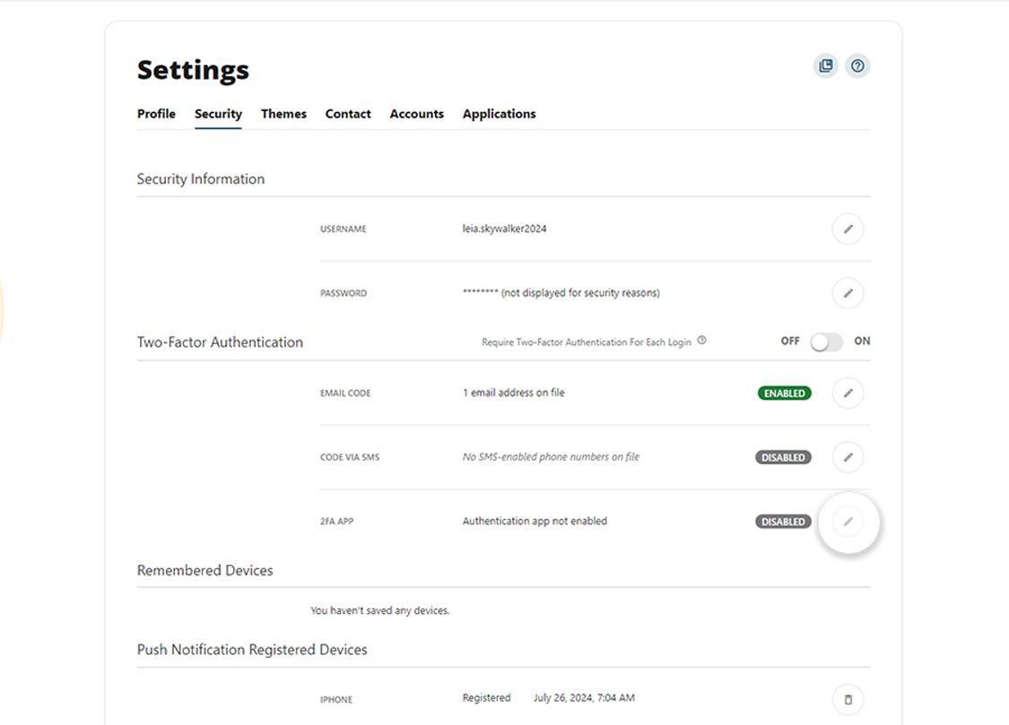 Profile settings screen inside online banking showing security tab.