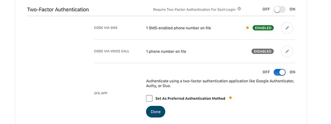 Civic online banking screen setting up 2FA and setting as preferred authentication method.