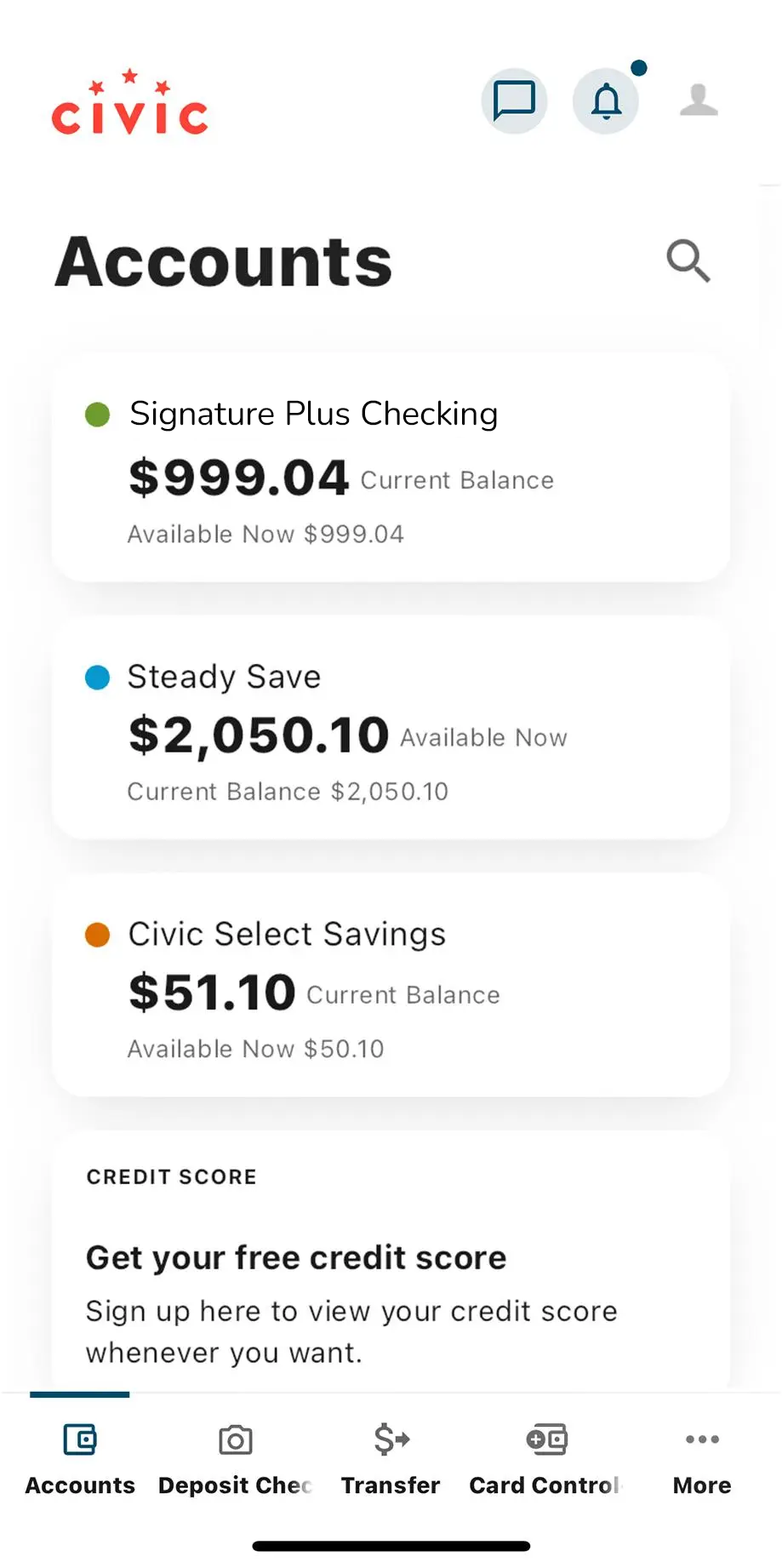 Civic app screen that list the accounts and balances.