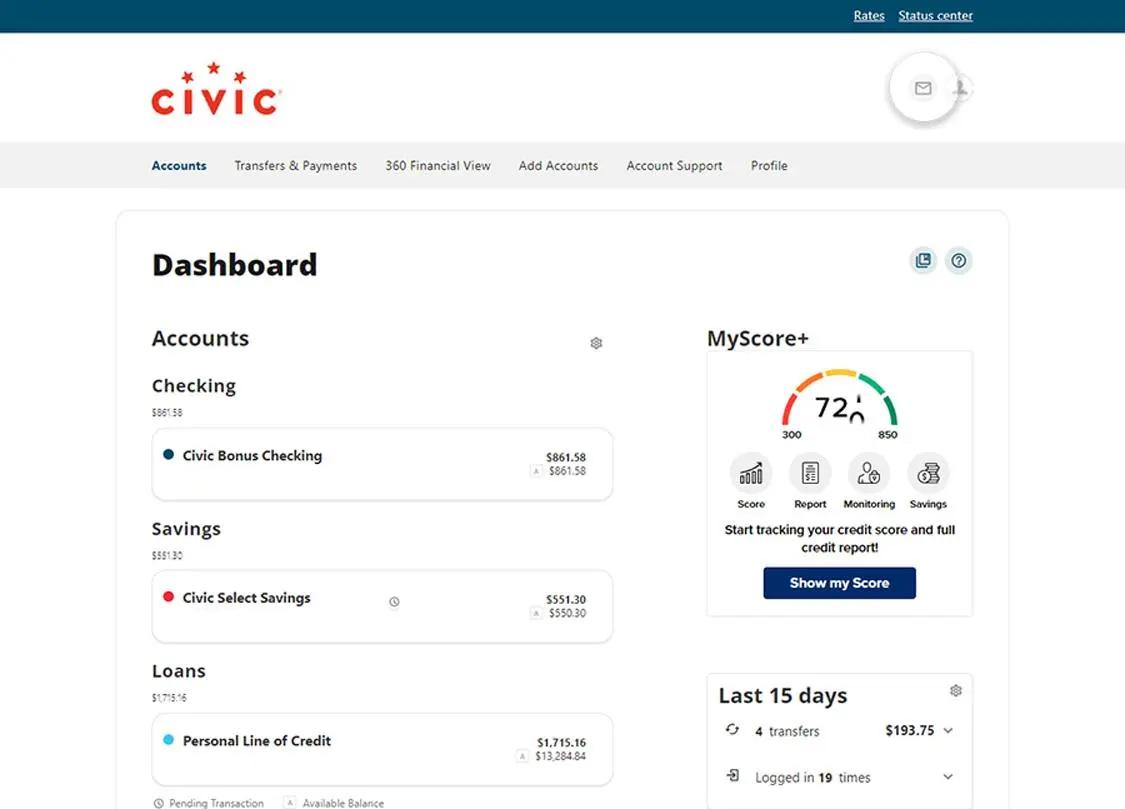 Civic online banking screen that highlights the selection of the message icon.