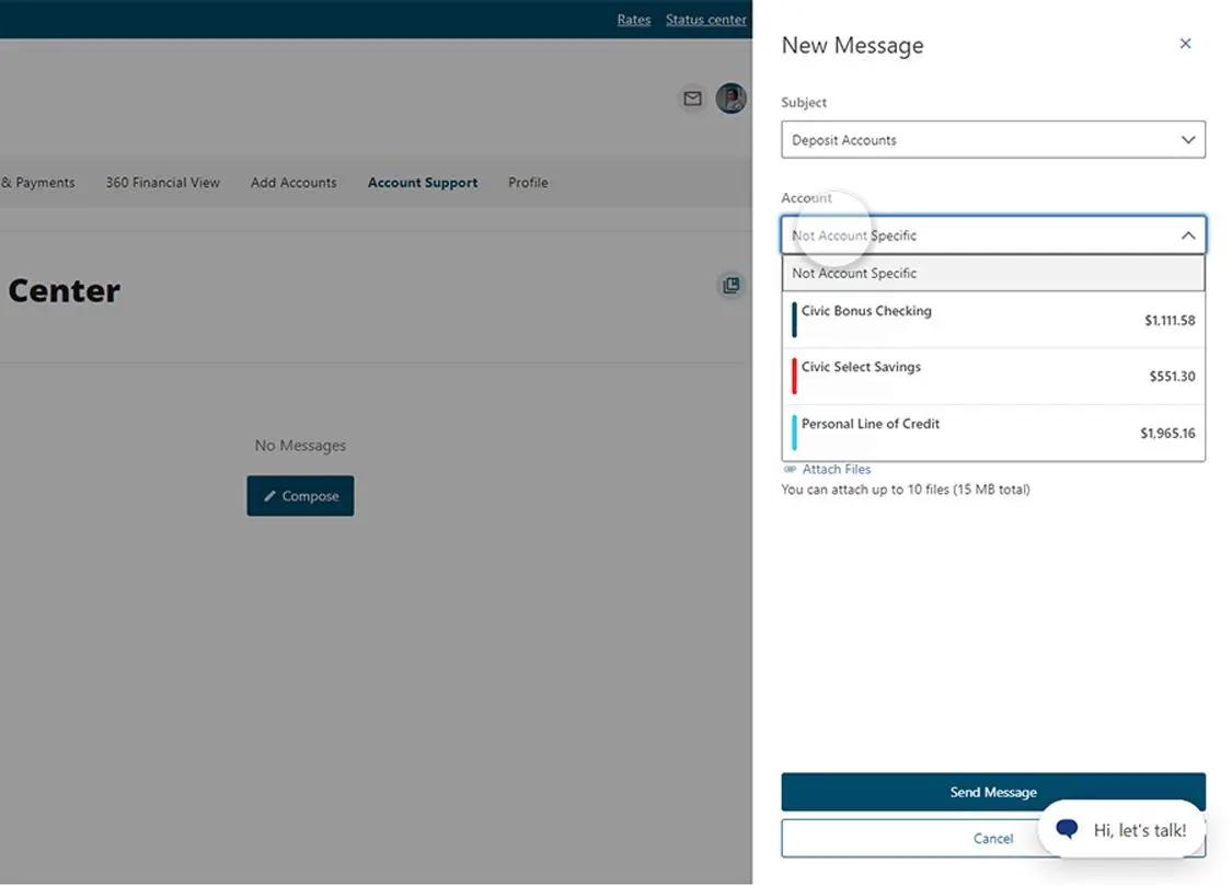 Civic online banking screen that highlights the selection of an account.