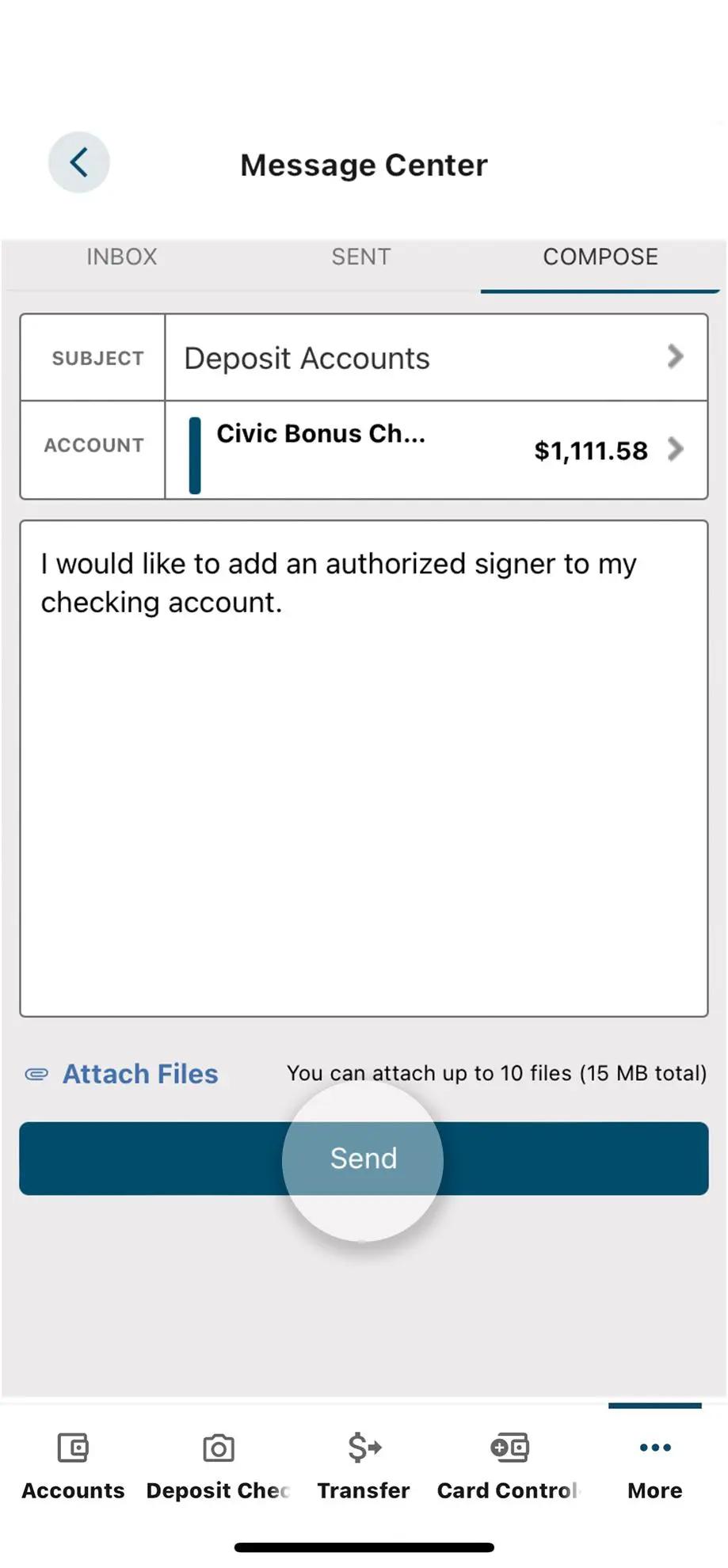 Civic app screen that highlights the selection of the send button.