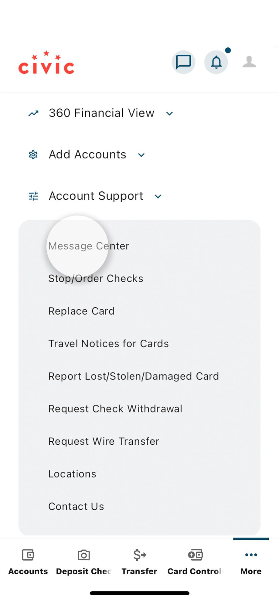 Civic app screen that highlights the selection of message center.