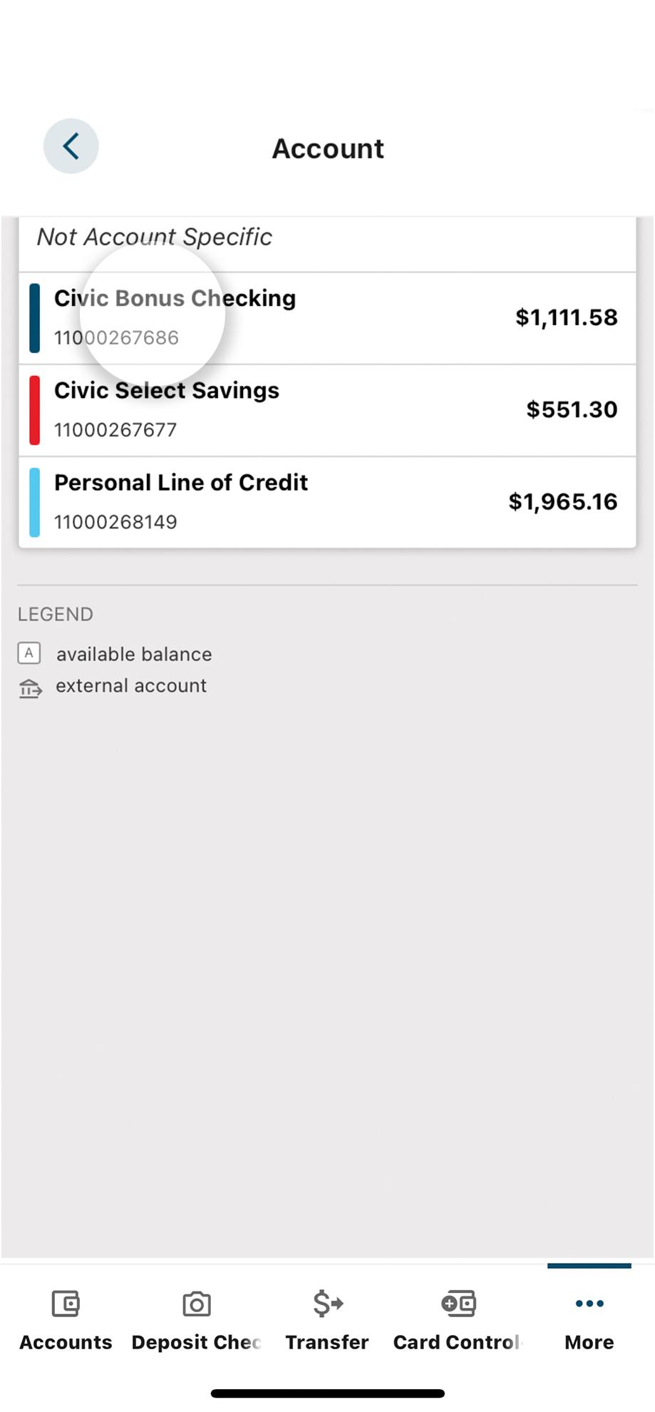 Civic app screen that highlights the selection of an account.