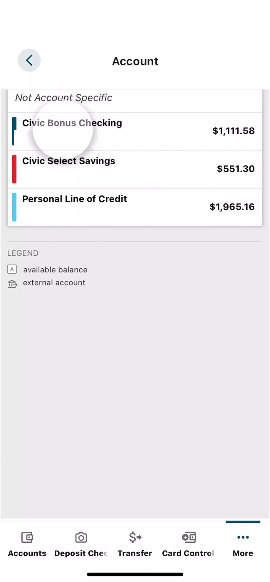 Civic app screen that highlights the selection of an account.