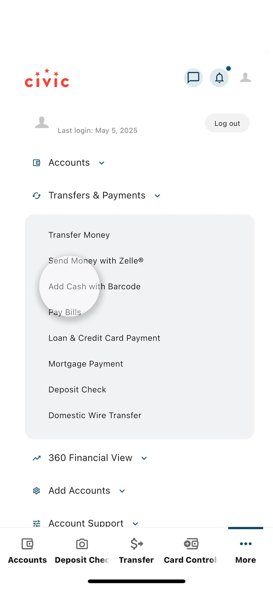 Civic app screen after clicking more, transfers and payments dropped down.