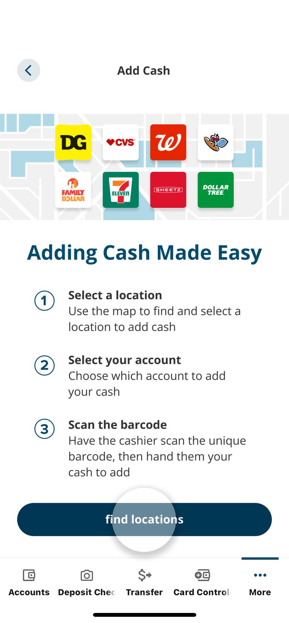 Civic app screen showing the steps for loading cash with a barcode.