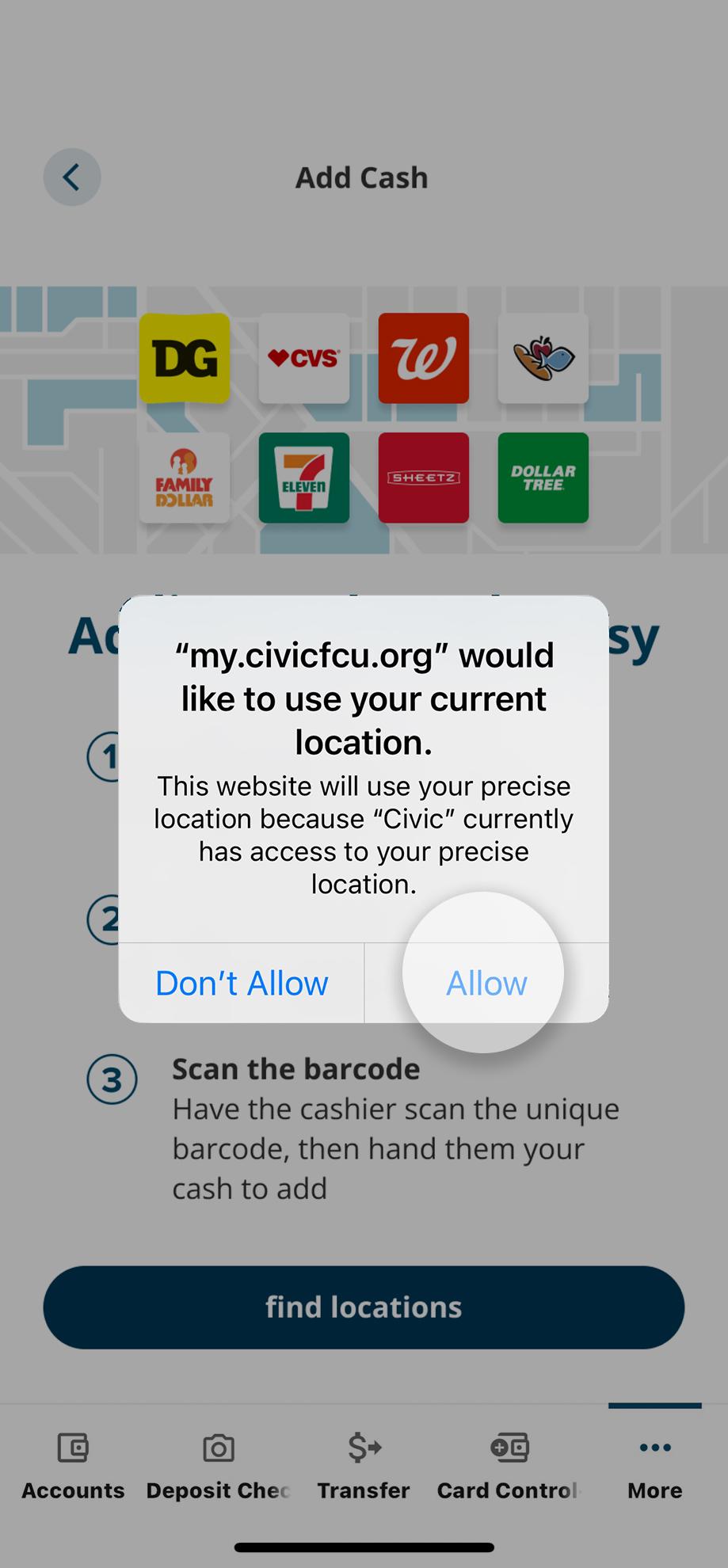 Civic app screen showing a pop-up to enable location services.