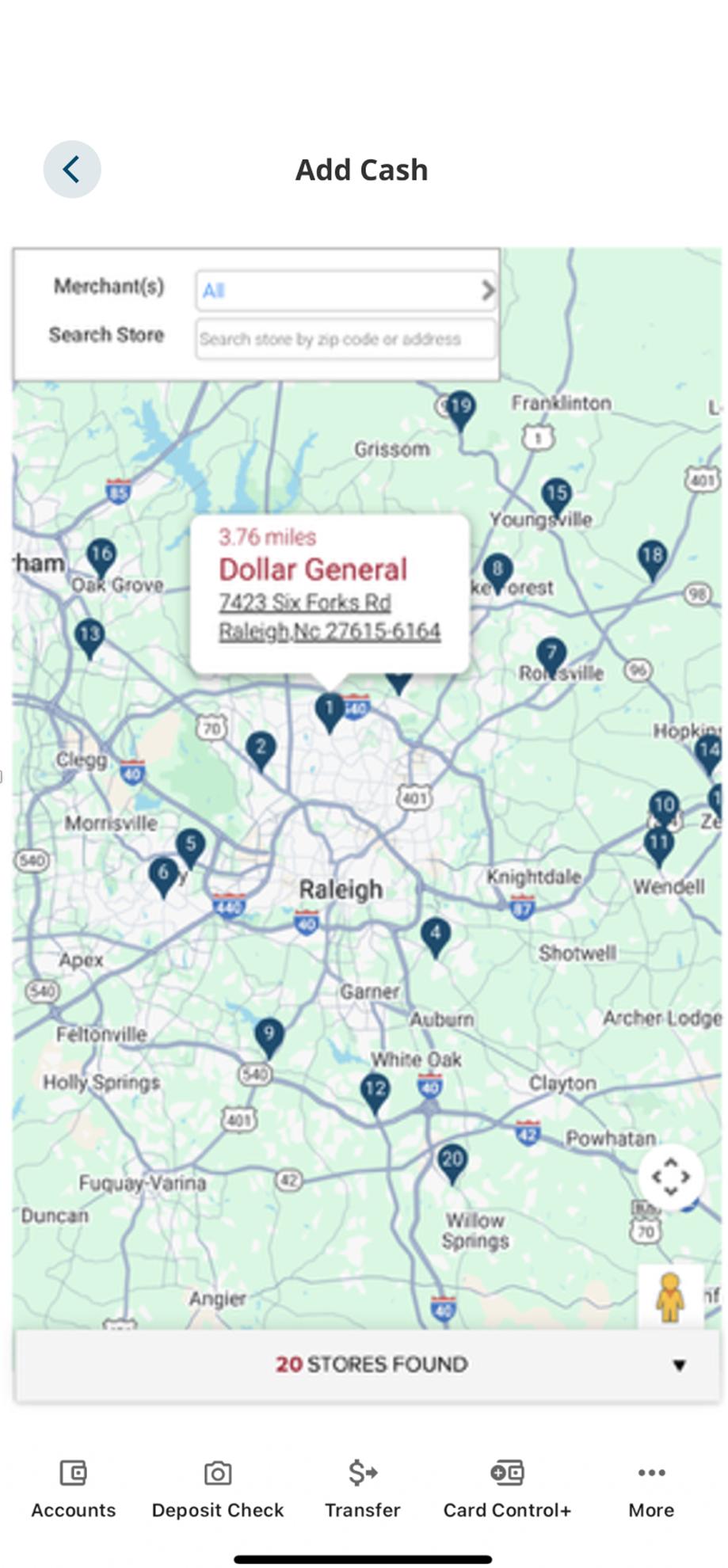 Civic app screen showing a map of locations to choose to load cash.