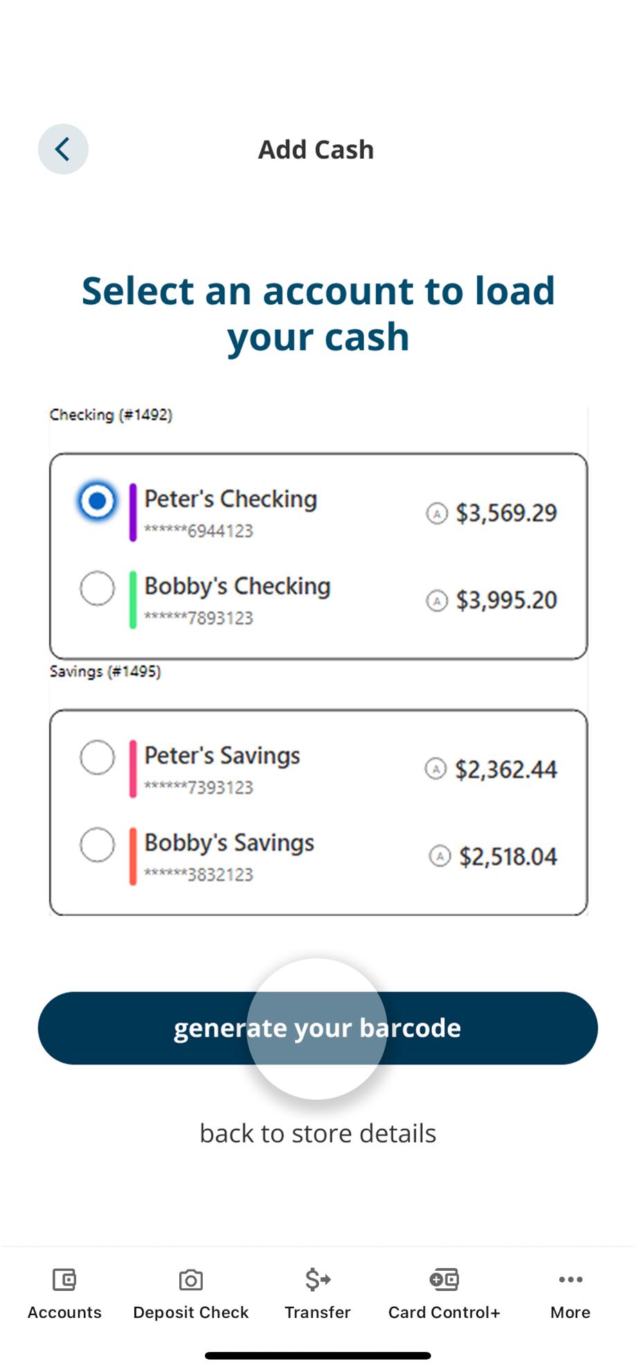 Civic app screen showing accounts to select where to load the cash.