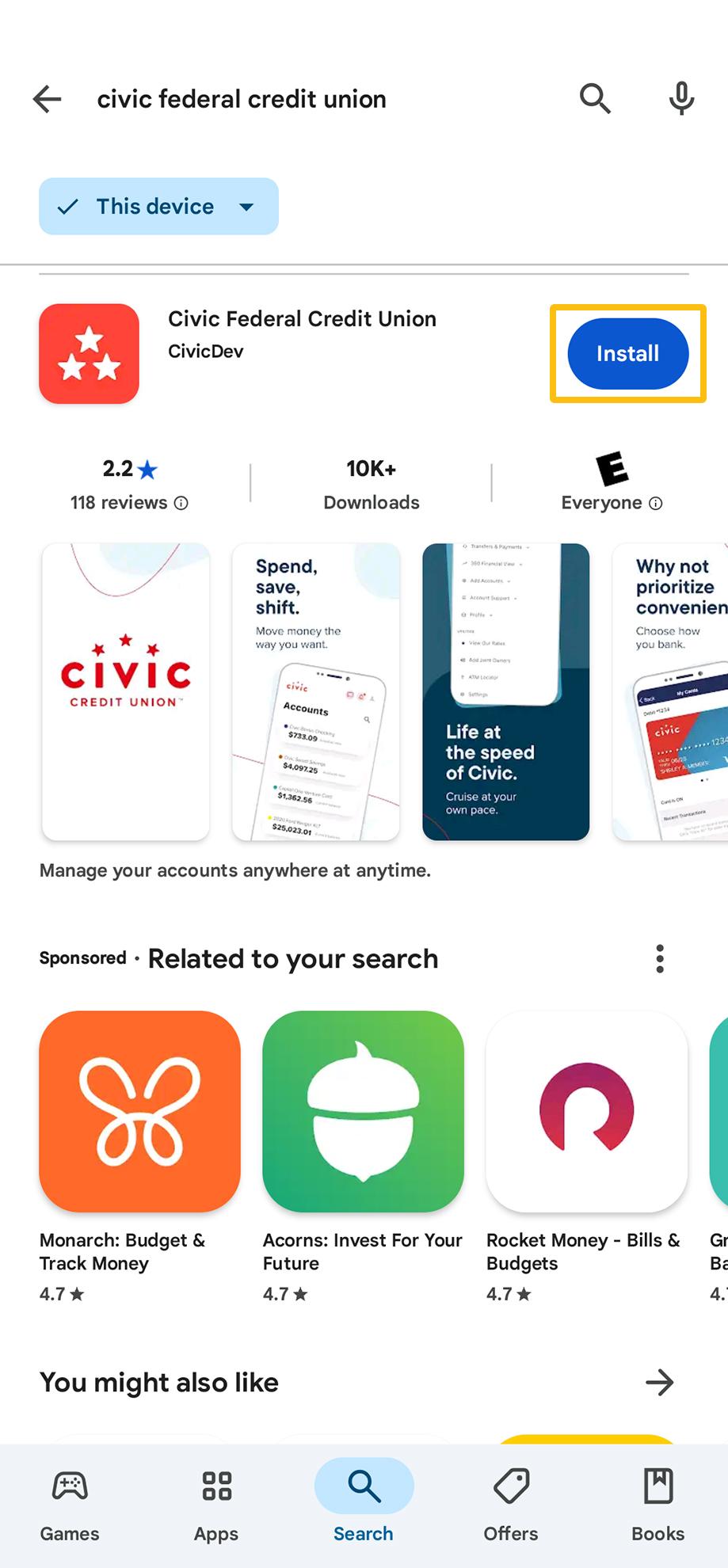 Google Play Store opened with Civic Federal Credit Union searched and the install button highlighted.
