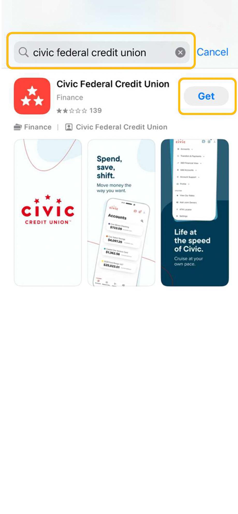 Apple app store open showing search results for Civic Federal Credit Union and highlighting install button.