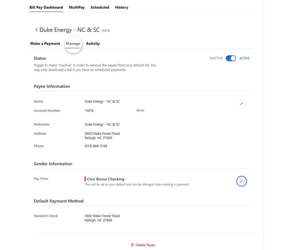Civic online banking bill pay dashboard manage tab.