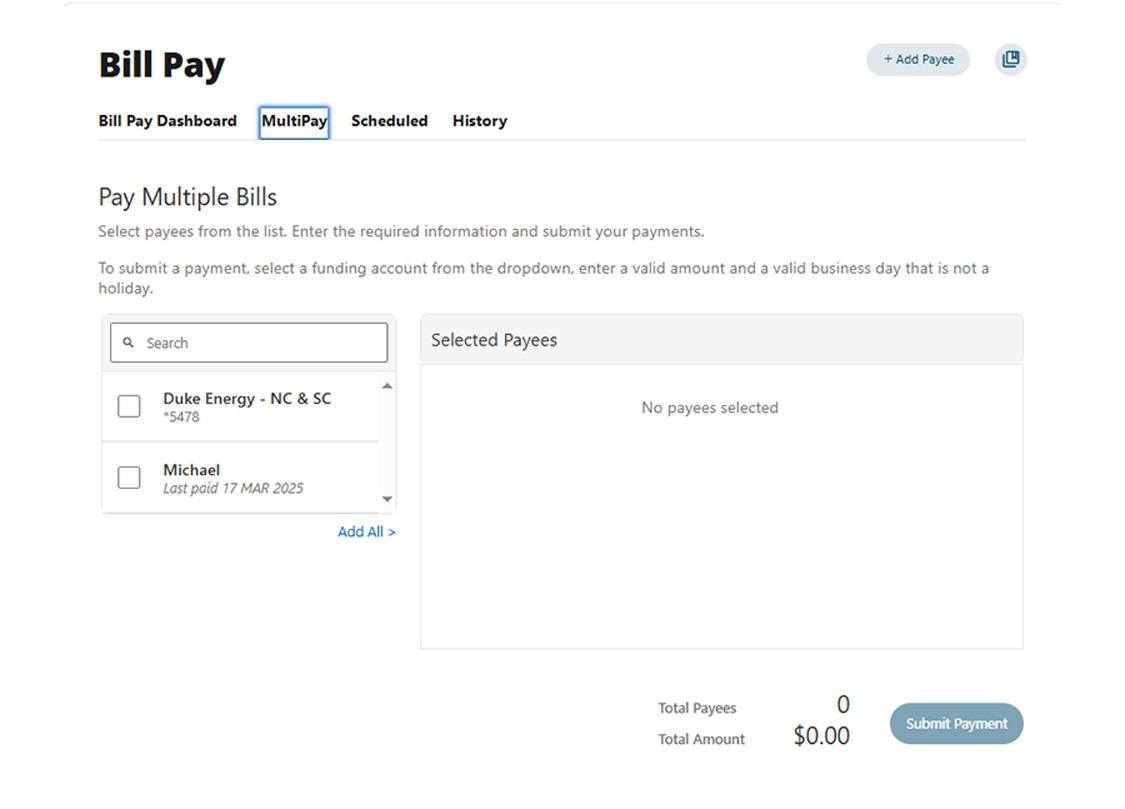 Civic online banking bill pay dashboard MultiPay tab.