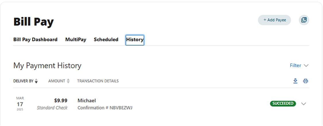 Civic online banking bill pay history tab.