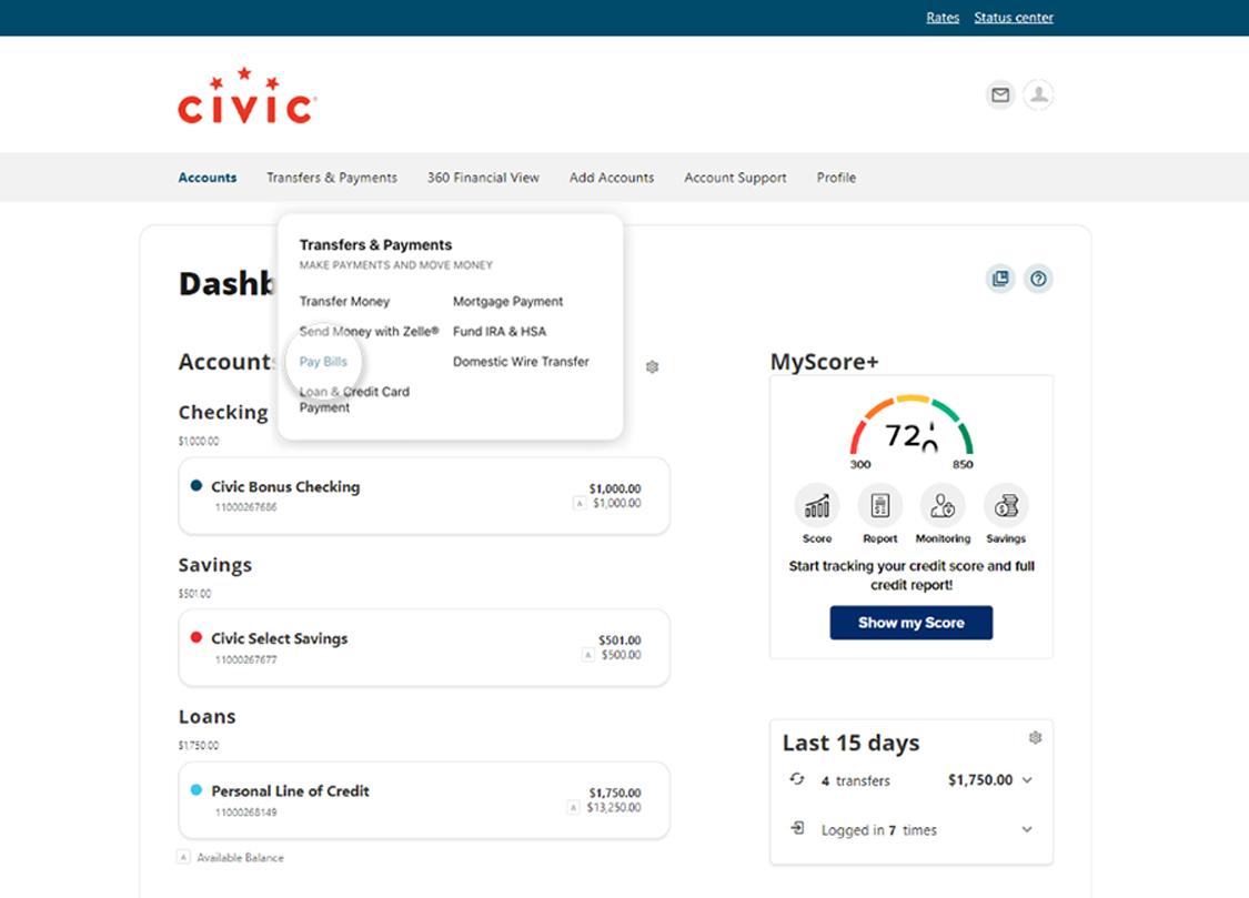 Civic online banking dashboard showing transfers and payments dropdown.