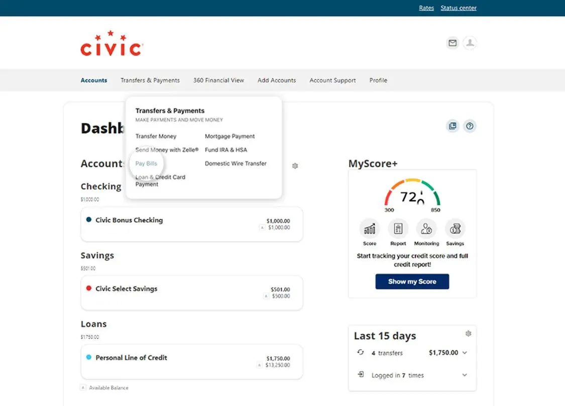 Civic online banking dashboard showing transfers and payments dropdown.