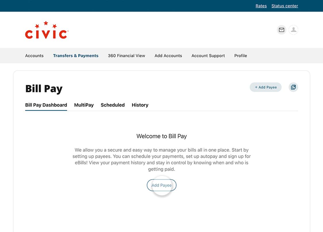 Civic online banking bill pay dashboard with 'add payee' highlighted.