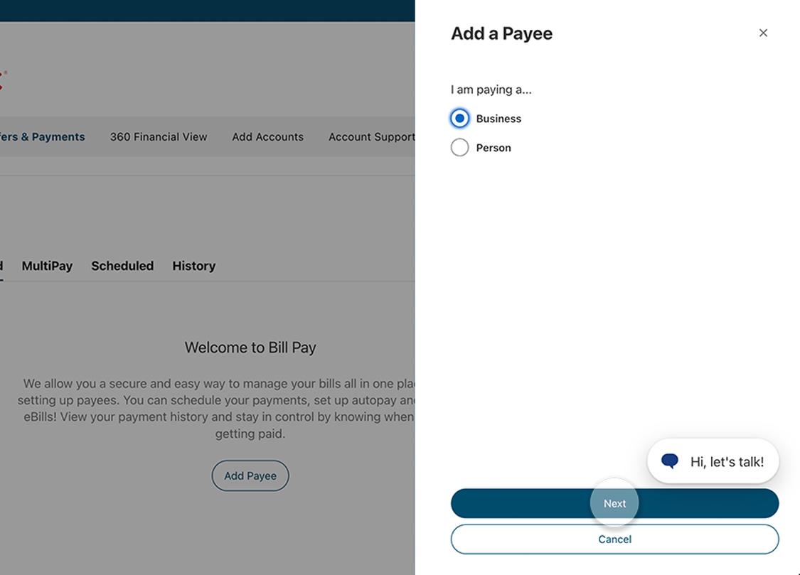 Civic online banking bill pay payee Business or Personal selection.