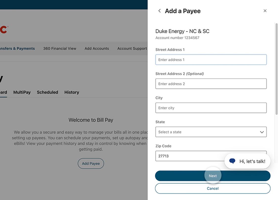 Civic online banking bill payee information.