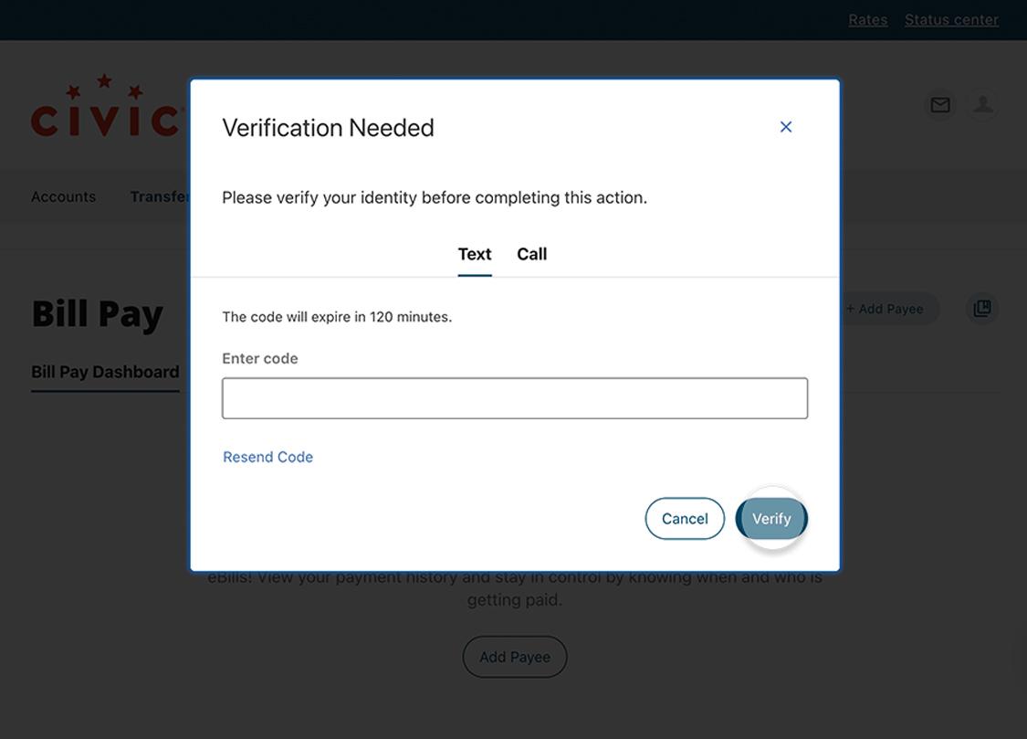 Civic online banking bill payee verification code.
