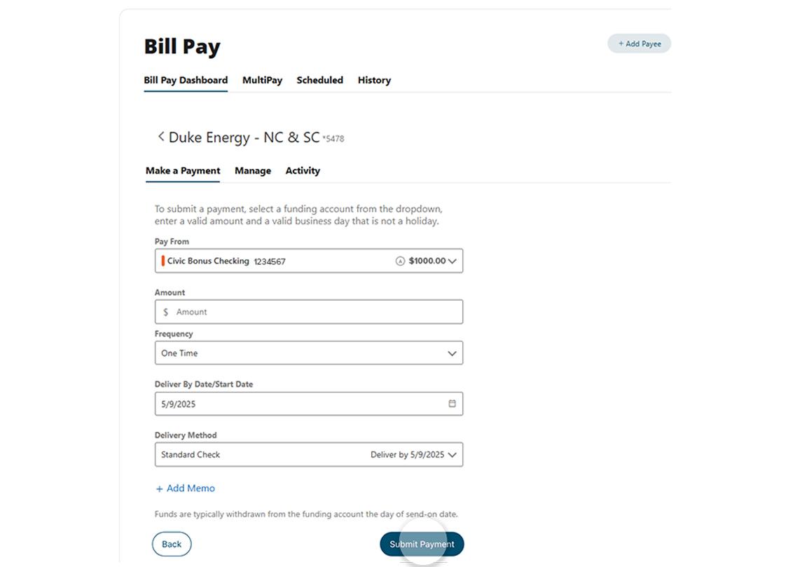 Civic online banking bill pay dashboard make a payment tab.