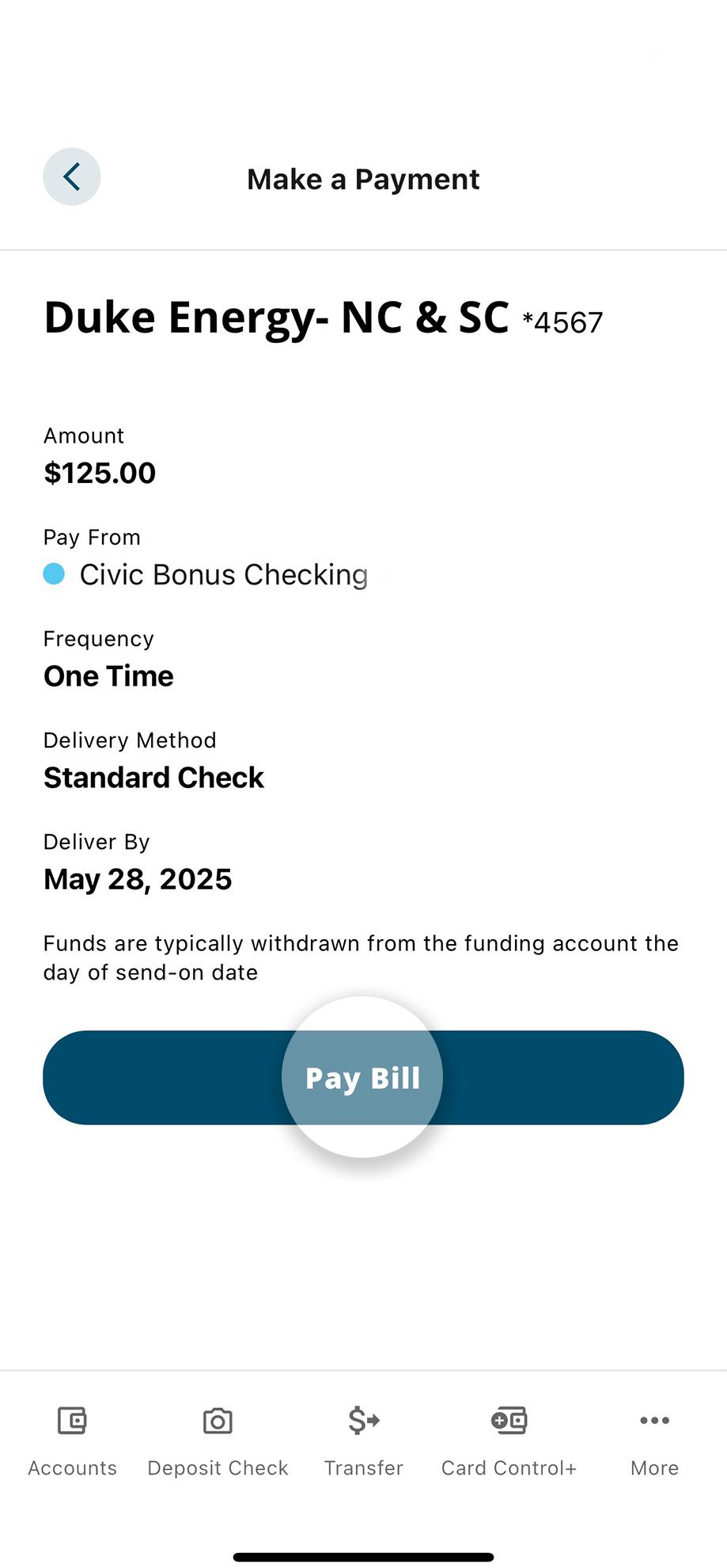 Civic app screen showing pay bill submit button.