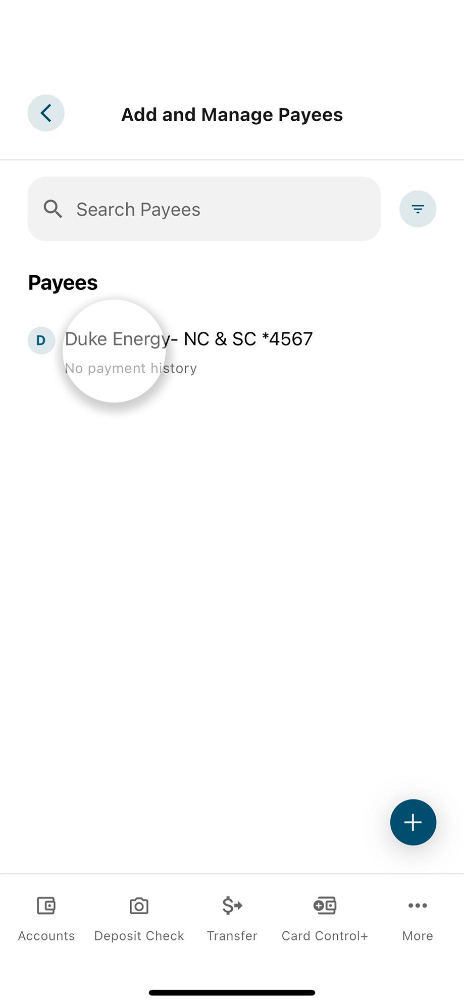 Civic app screen in bill pay selecting payee.