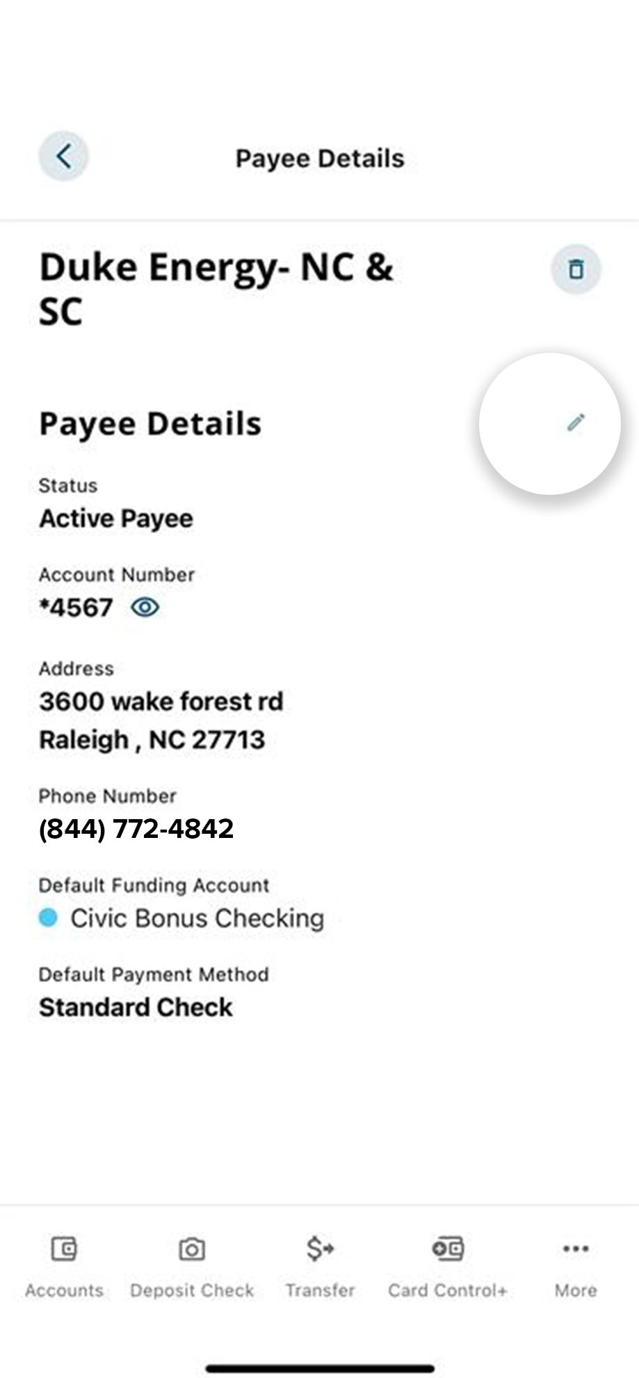 Civic app screen showing bill pay payee edits.