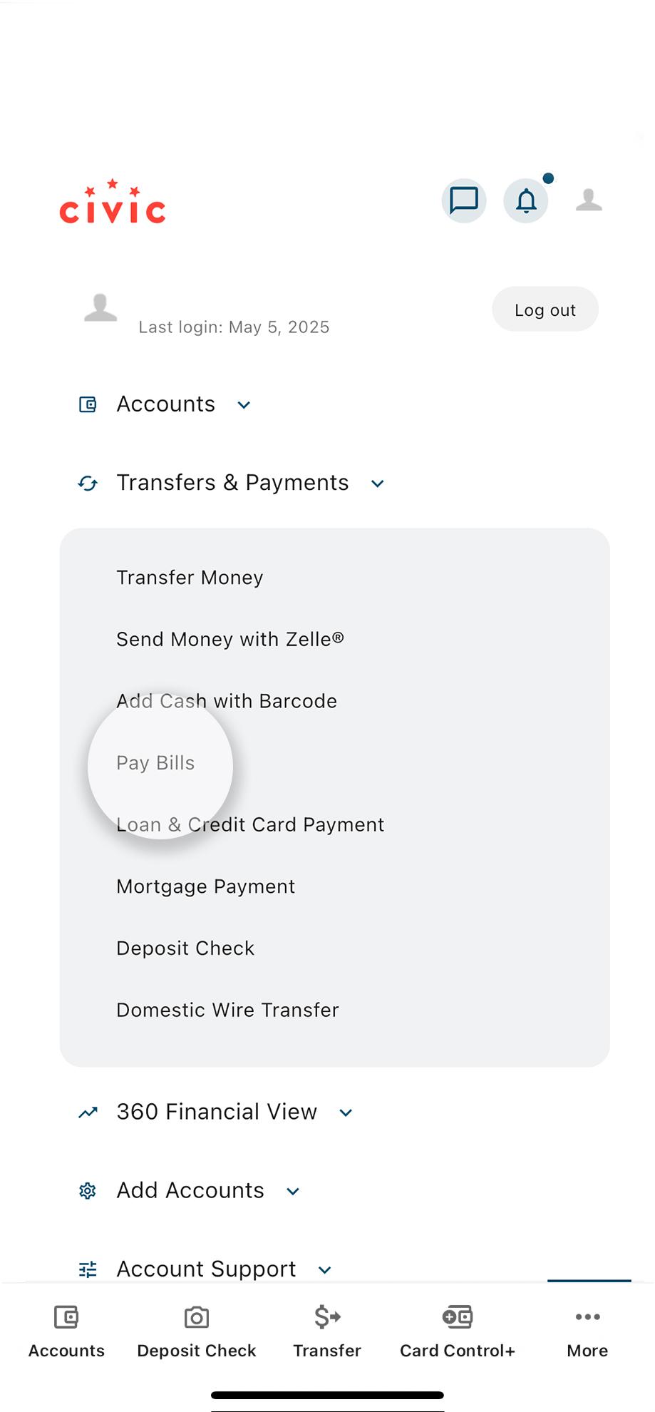 Civic mobile app screen showing transfers and payments dropdown and bill pay highlighted.