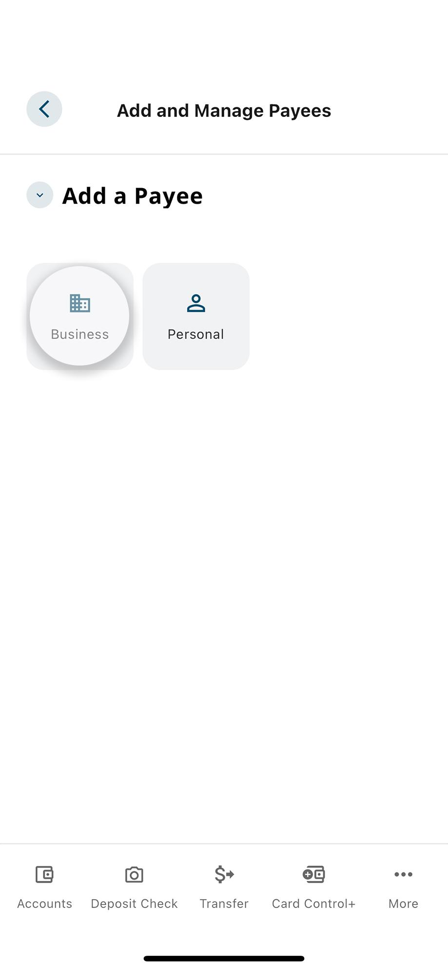 Civic app screen for bill pay payee, highlighting business or personal.