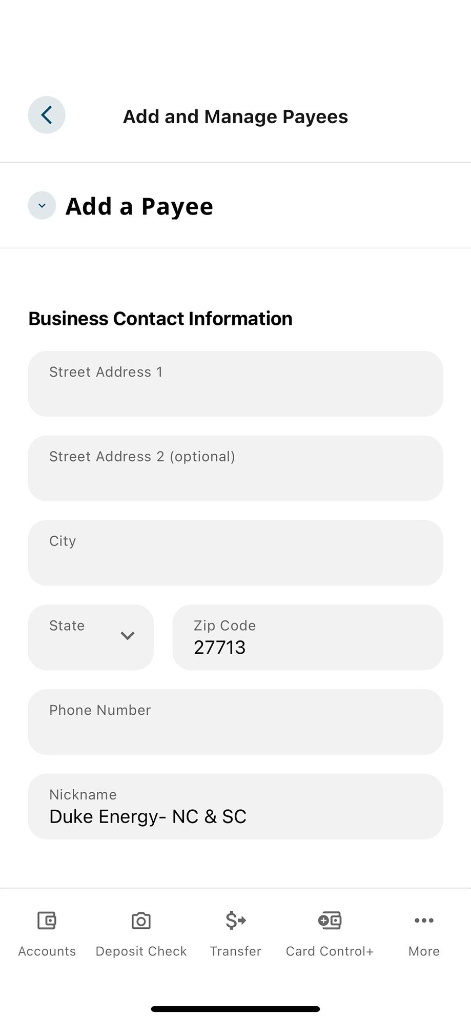 Civic app screen for bill pay showing Payee contact information input.