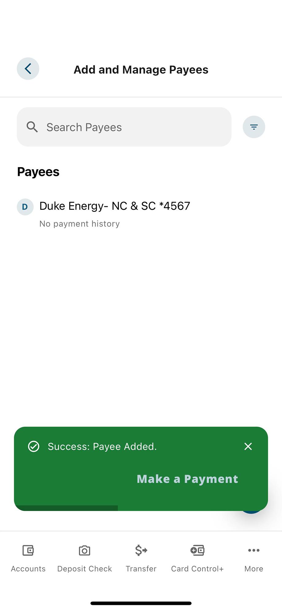 Civic app screen showing bill pay Payee successfully added.