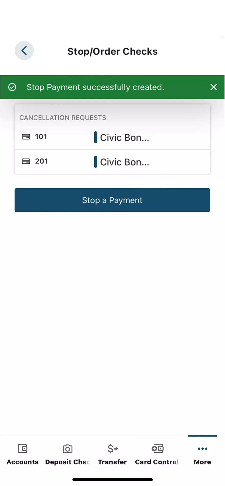 cancel check mobile screen.