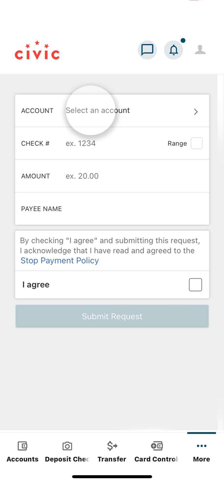 select an account mobile screen