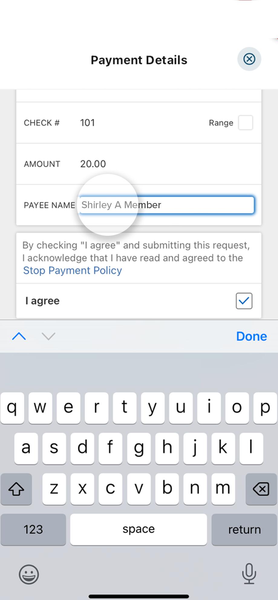 tap payee name mobile screen