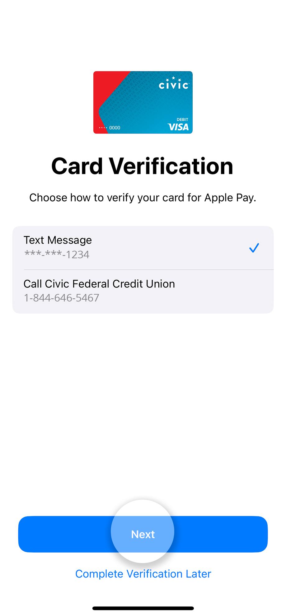 Civic app screen showing card verification methods.