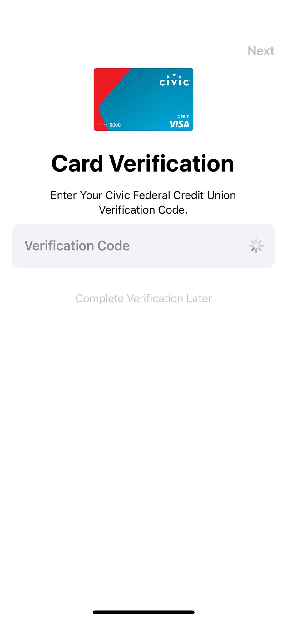 Civic app screen showing card verification code input.