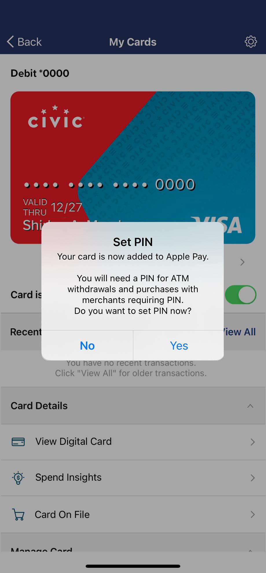 Civic app screen with pop up asking to setup pin number.