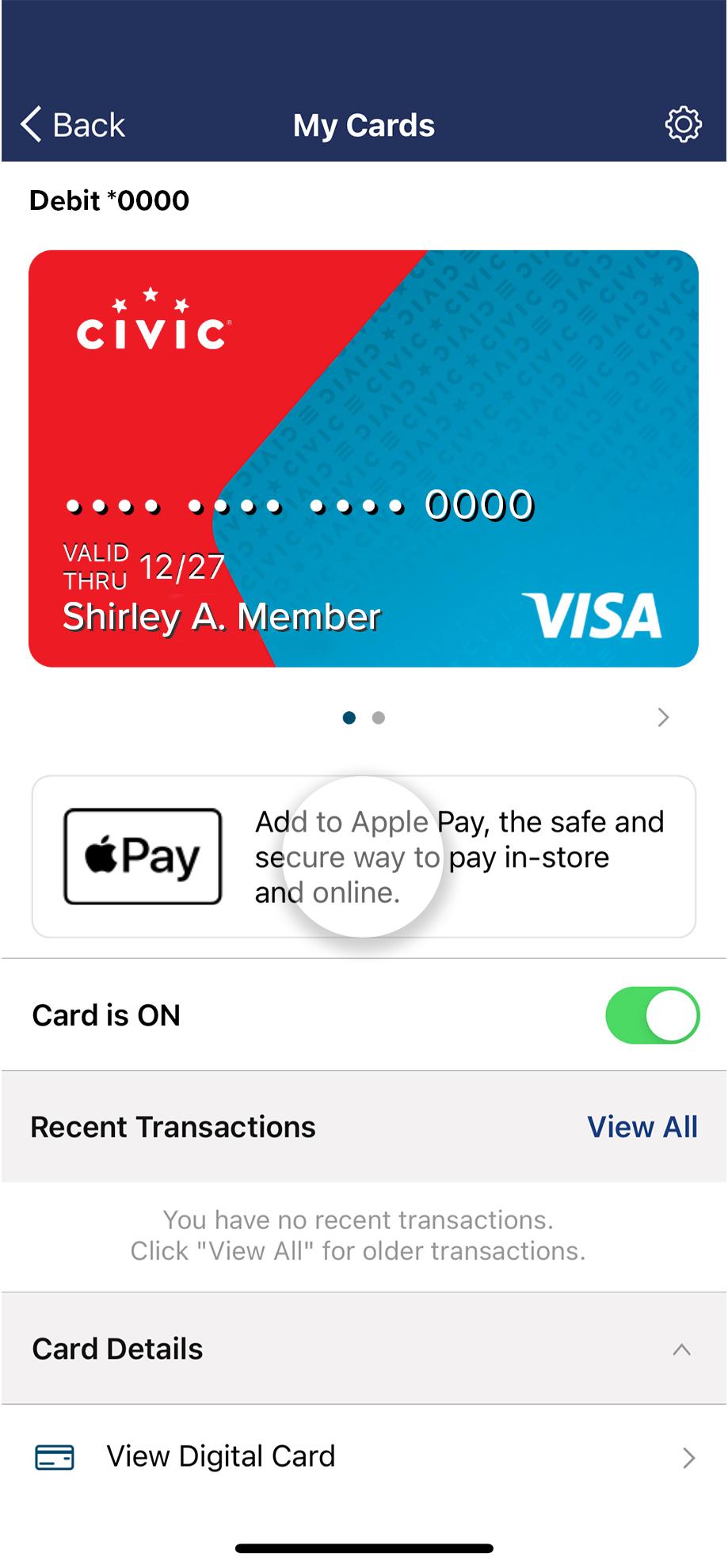 Card Control Plus home screen with apple pay below card.