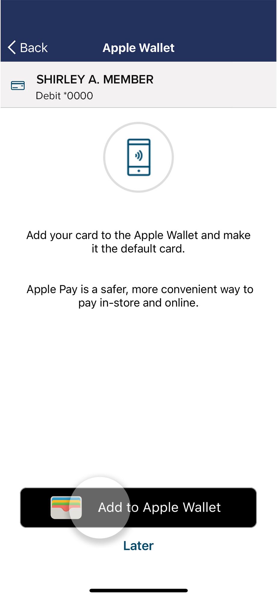 Civic app screen showing details of adding card to digital wallet and button to add to wallet.