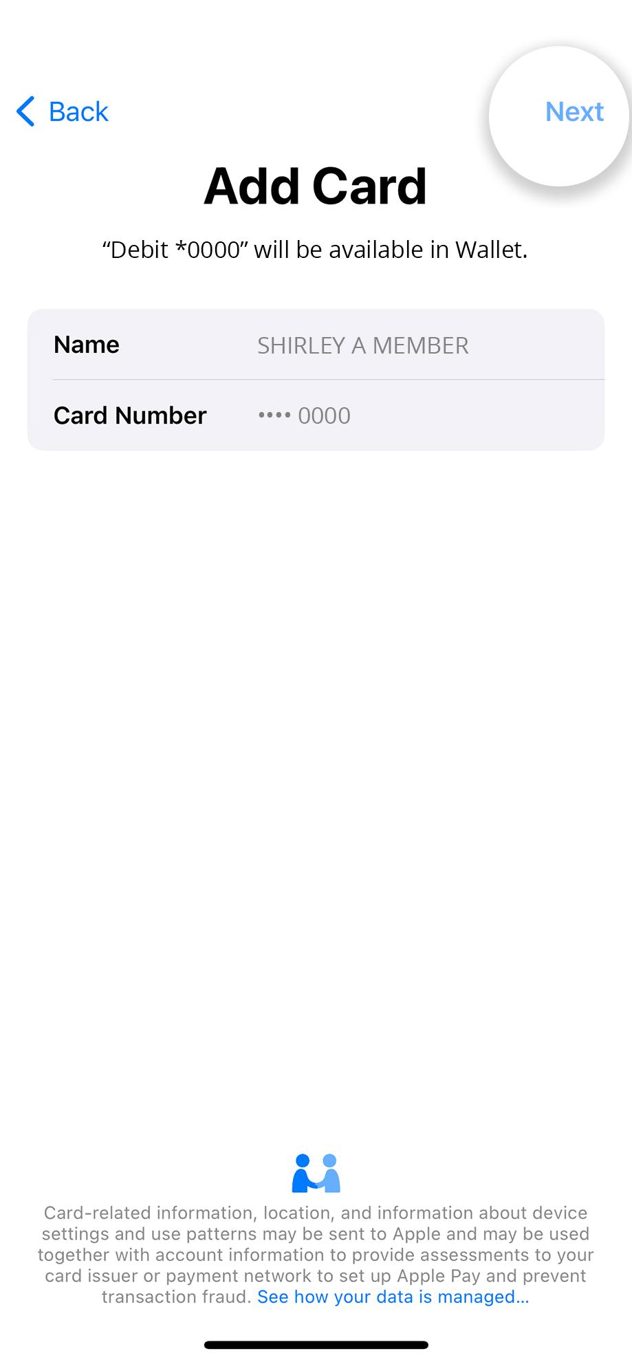 Civic app screen showing card details and disclaimer for adding card to digital wallet.