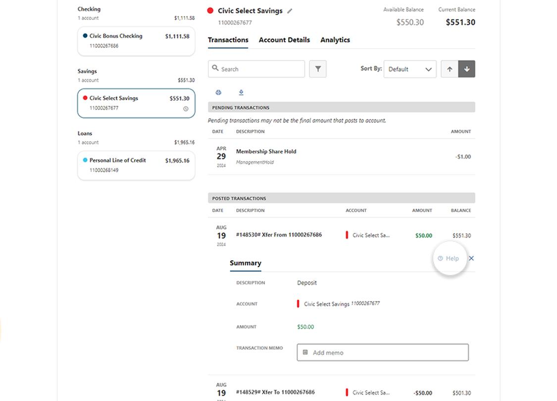 Civic online banking screen that highlights the selection of help inside the transaction details