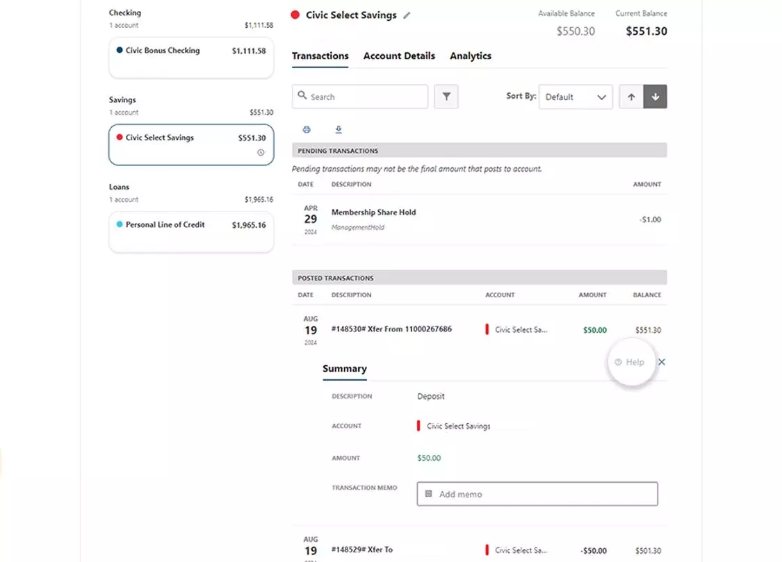 Civic online banking screen that highlights the selection of help inside the transaction details